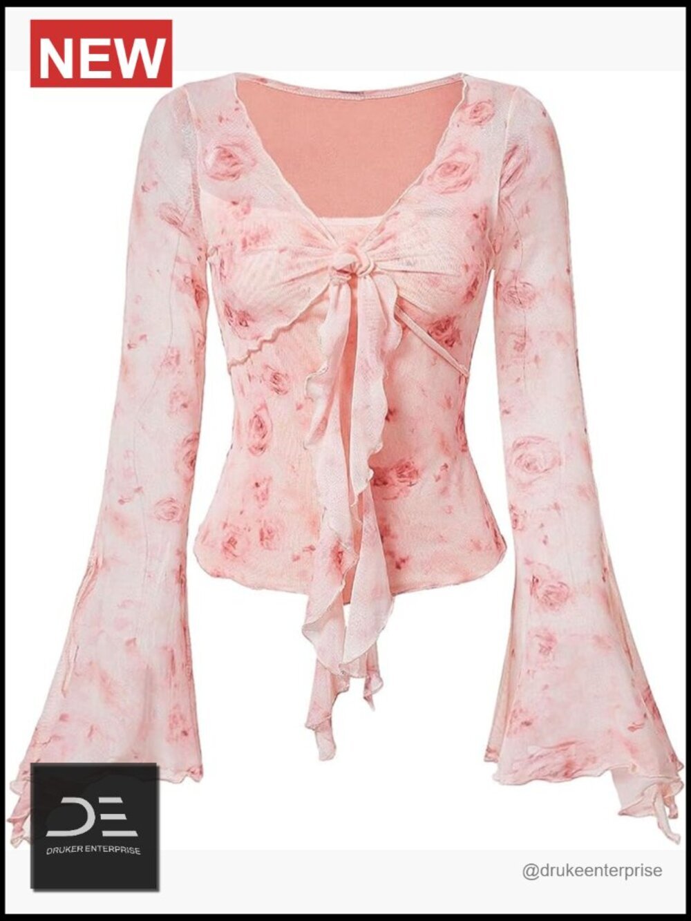 Bell Sleeve Floral Print Mesh Long Sleeve Going Out Top